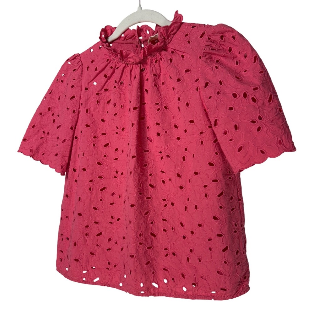 Sézane Eyelet Lace Ruffle Neck Blouse Floral Embroidered Pink‎ Size 34 (US Sz 2)
